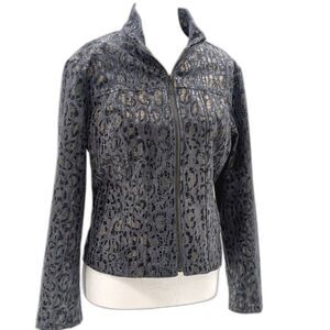 Linear Metallic Vintage Glam Cheetah Print Zip Up Gray Jacket Size Medium Petite